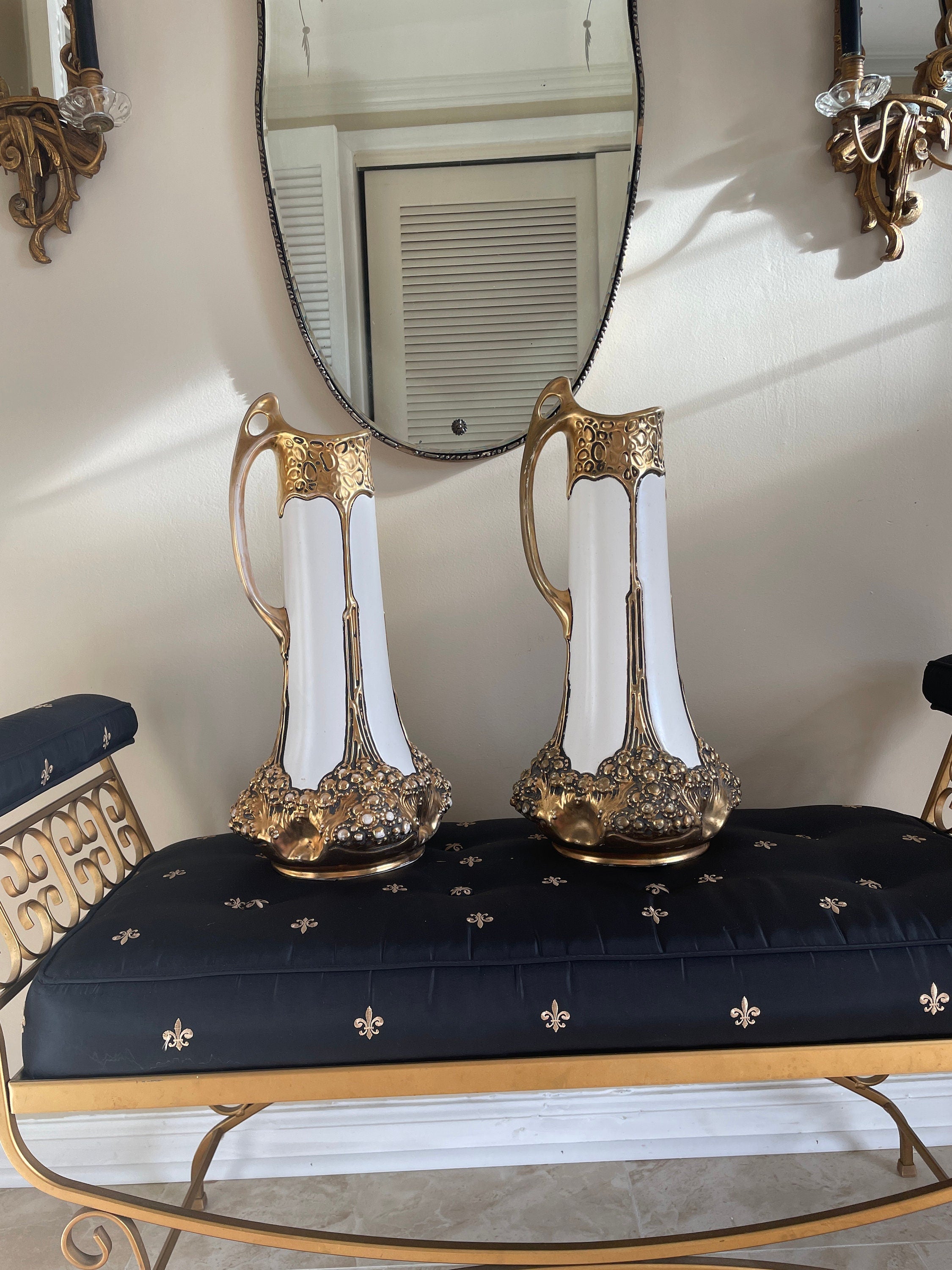 Pair of Antique Gold Gilded Porcelain Art Nouveau Austria Pottery Tall Vases by Julius Dressler Collectible Home Decor Rare Unique Pieces