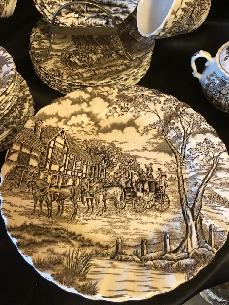 Vintage Royal Mail Heritage Hall Staffordshire Transferware English China Dinnerware Tea Set Rare English Country Horse Carriage Scene