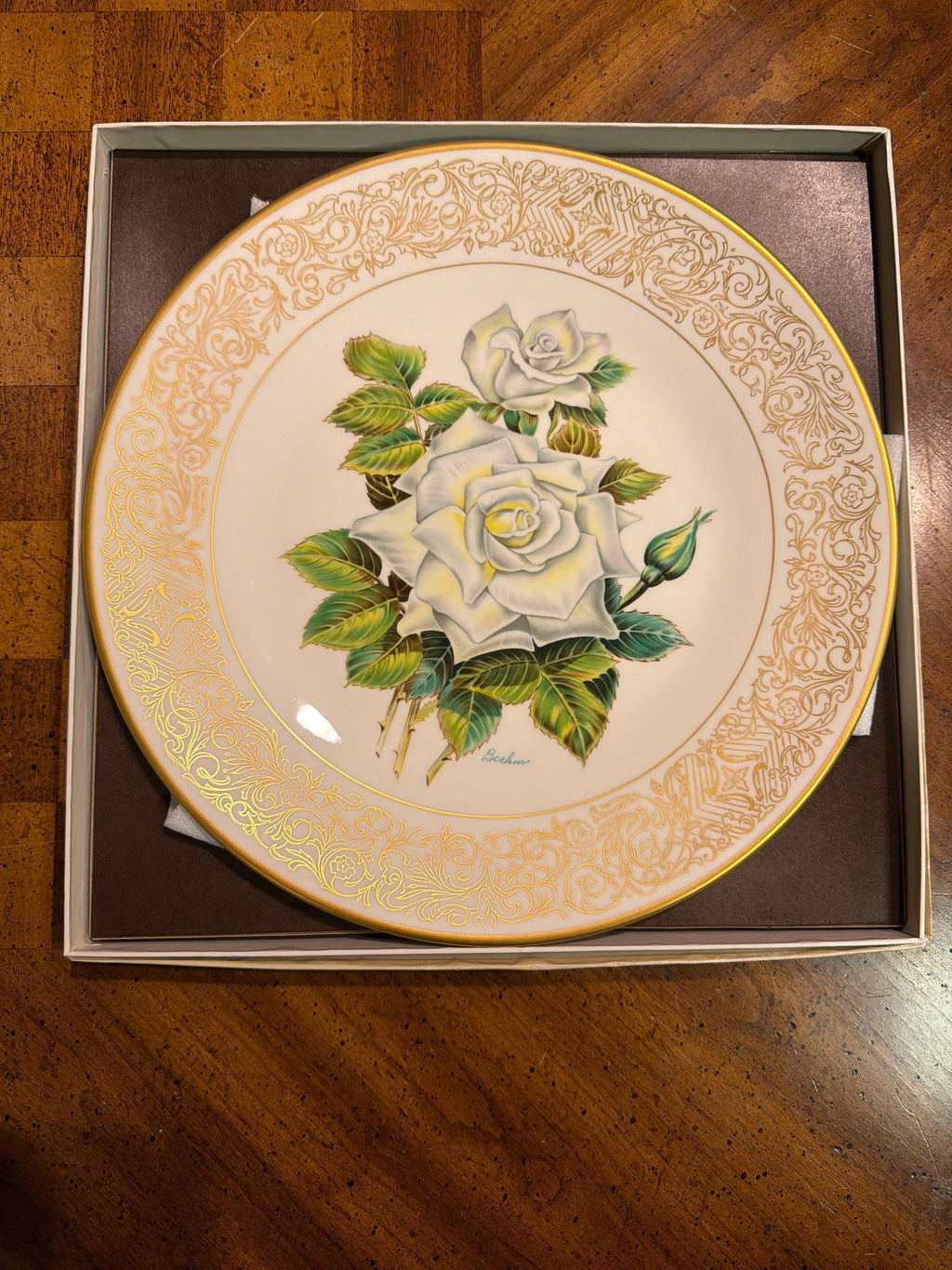 Boehm Rose Plate Collection Set: 6 Bone China Collector Plates, Gold Rim Floral Wall Decor