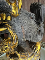 Antique Asian Foo Dog Sculptures Pair Hand Carved Guardian Lions Gold Accents Temple Decor Wood Figurines Home Collectible Art Statue
