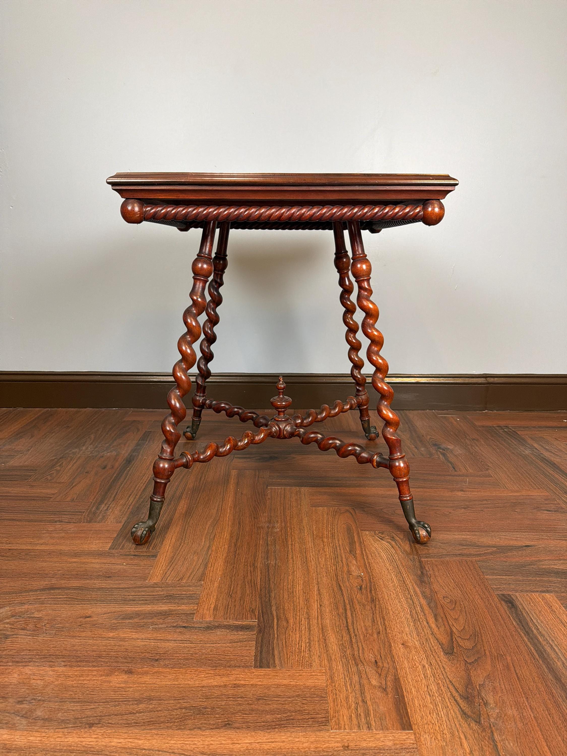 Antique English Barley Twist Side Table, Claw Foot Caster Accent Spiral Leg Table