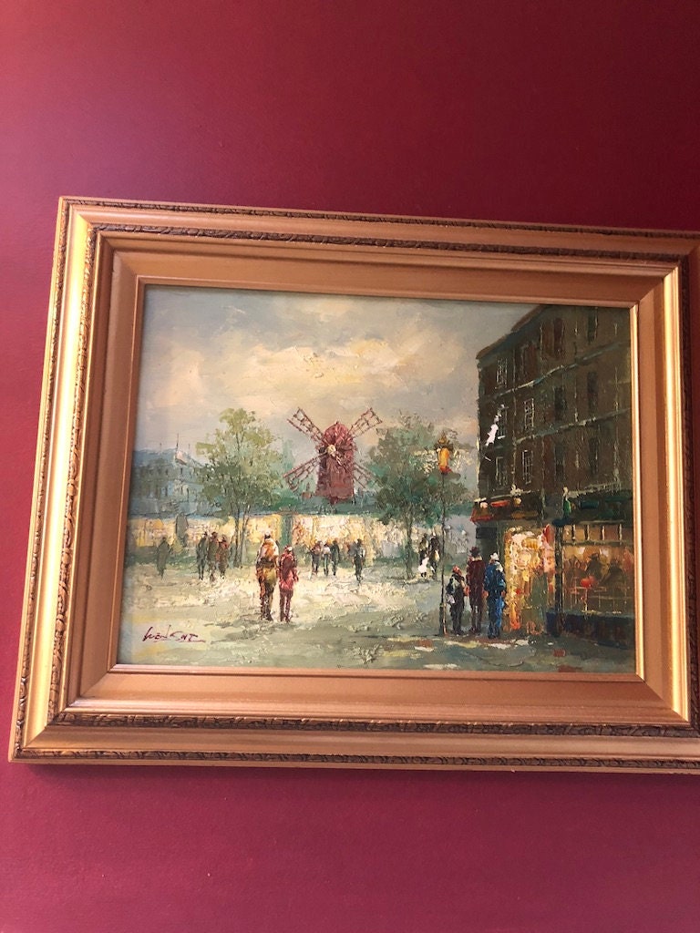 Pair Of Vintage Original Oil Painting Paris Scene Signed Gold Wood Framed Wall Art Collectible Painting. 21 1/2" 17 1/2"