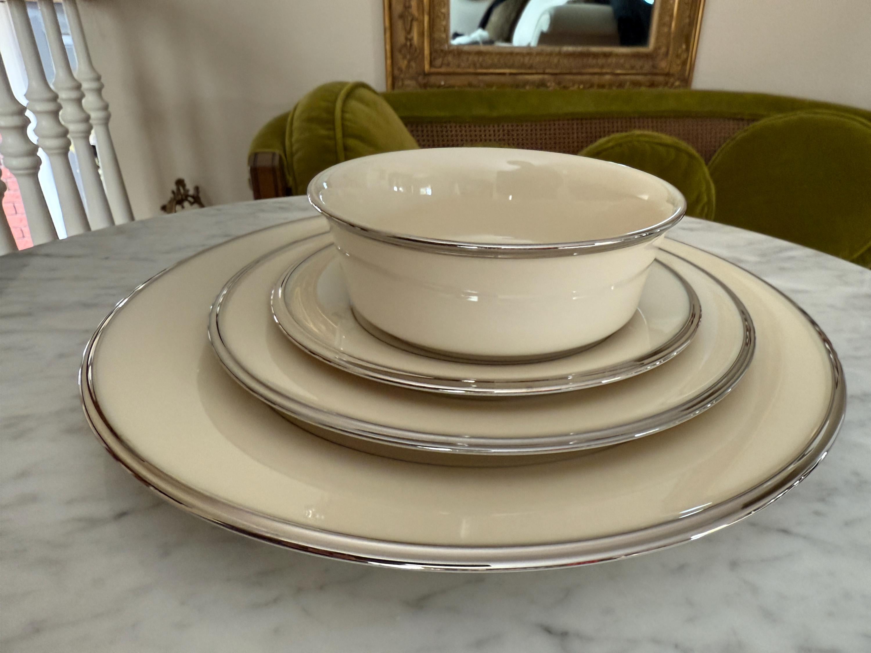 Set of 6 Lenox Solitaire Ivory Bone China Dinnerware Platinum Trim Elegant Dinnerware Set Salad Plates Dinner Plates Salt & Pepper Shakers