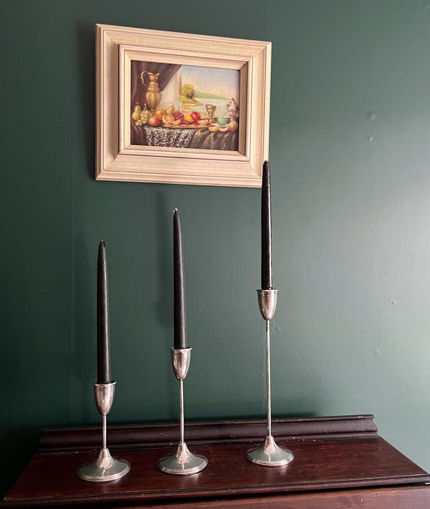 Mid Century Modern Silver Plated Taper Candle Holders Set of 3 Tall Elegant Sleek Vintage Candlesticks Table Decor Hollywood Regency Style