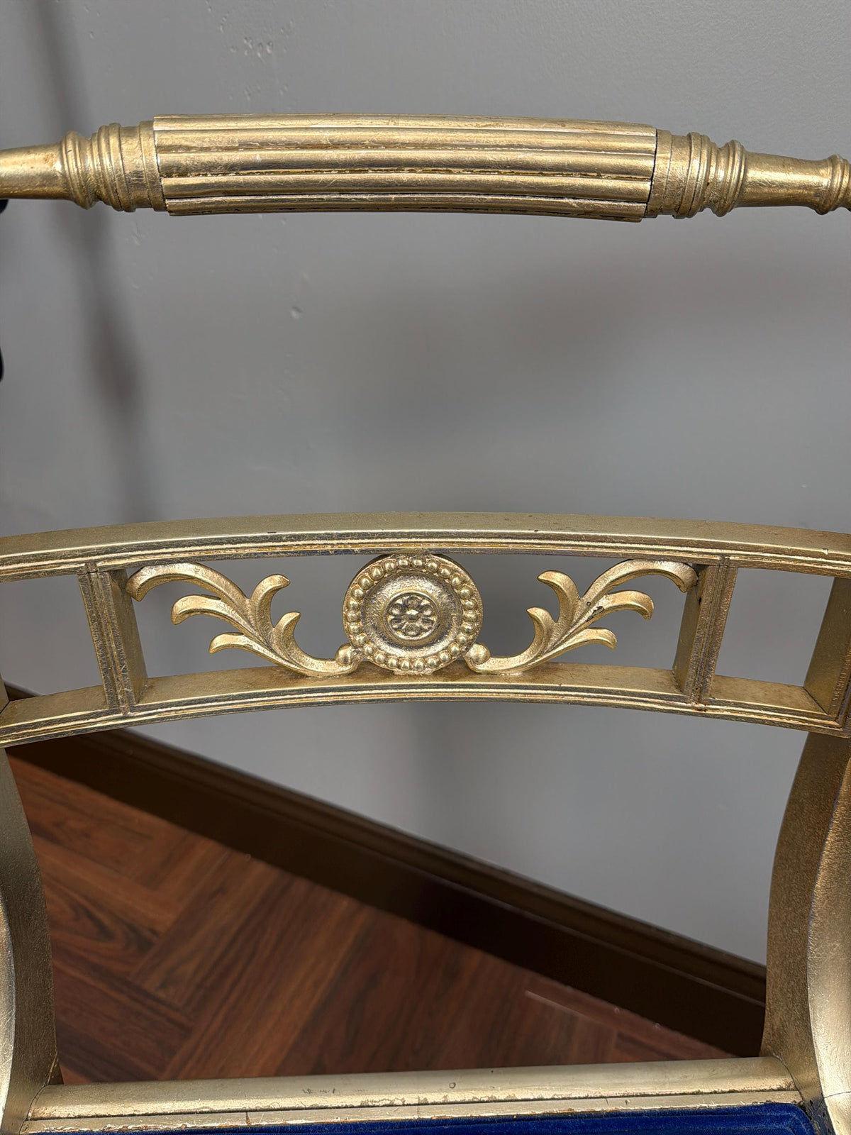 Pair Hollywood Regency Gilt Armchairs, Blue Velvet Seats, Neoclassical Scroll Accent Seating