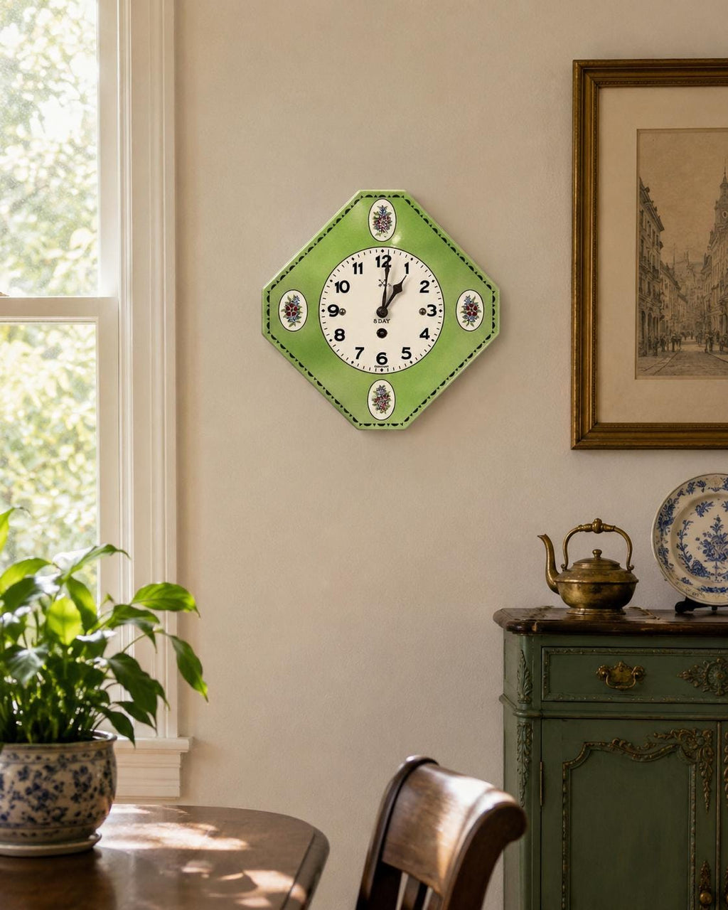 Antique German 8-Day Mechanical  Wall Clock with Floral Green Octagonal Porcelain Face, c. 1930s–1950s