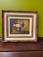 Vintage Floral Still Life Oil Painting in Ornate Wood Frame, Hand-Painted Chrysanthemums in Blue Vase, Farmhouse Wall Art Signed