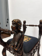 Antique Figural Carved Wood Bench Neo Classical Cherub Style Upholstered Seat Victorian Era Decorative Bench Tapestry
