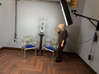 Pair Hollywood Regency Gilt Armchairs, Blue Velvet Seats, Neoclassical Scroll Accent Seating