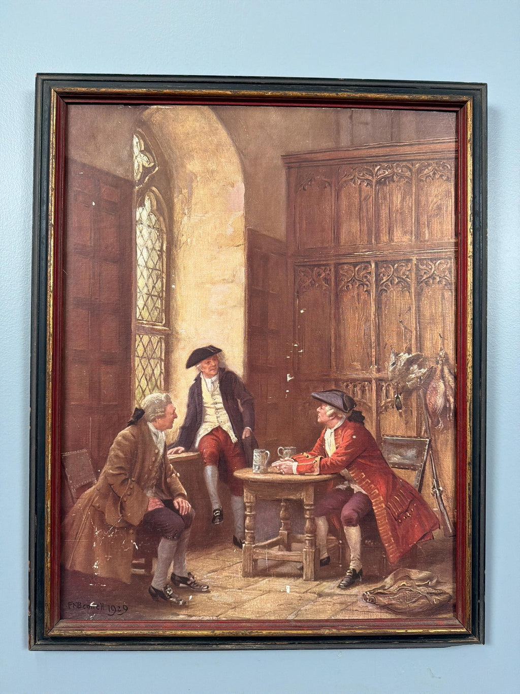 1929 Signed British Genre Old Print – Georgian Tavern Interior Scene, Early 20th Century Historical Revival Artwork