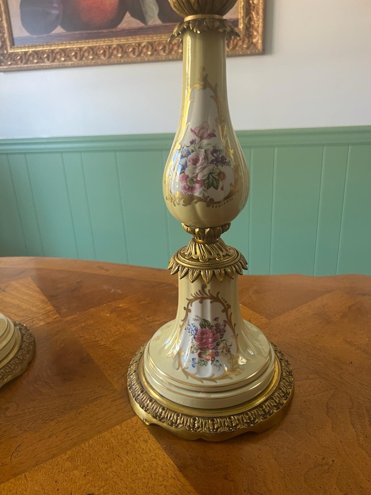 Antique French Candelabra Pair Porcelain Floral Gilt Bronze Five Arm Candle Holders Rococo Style Elegant Table Mantel Centerpiece Decor