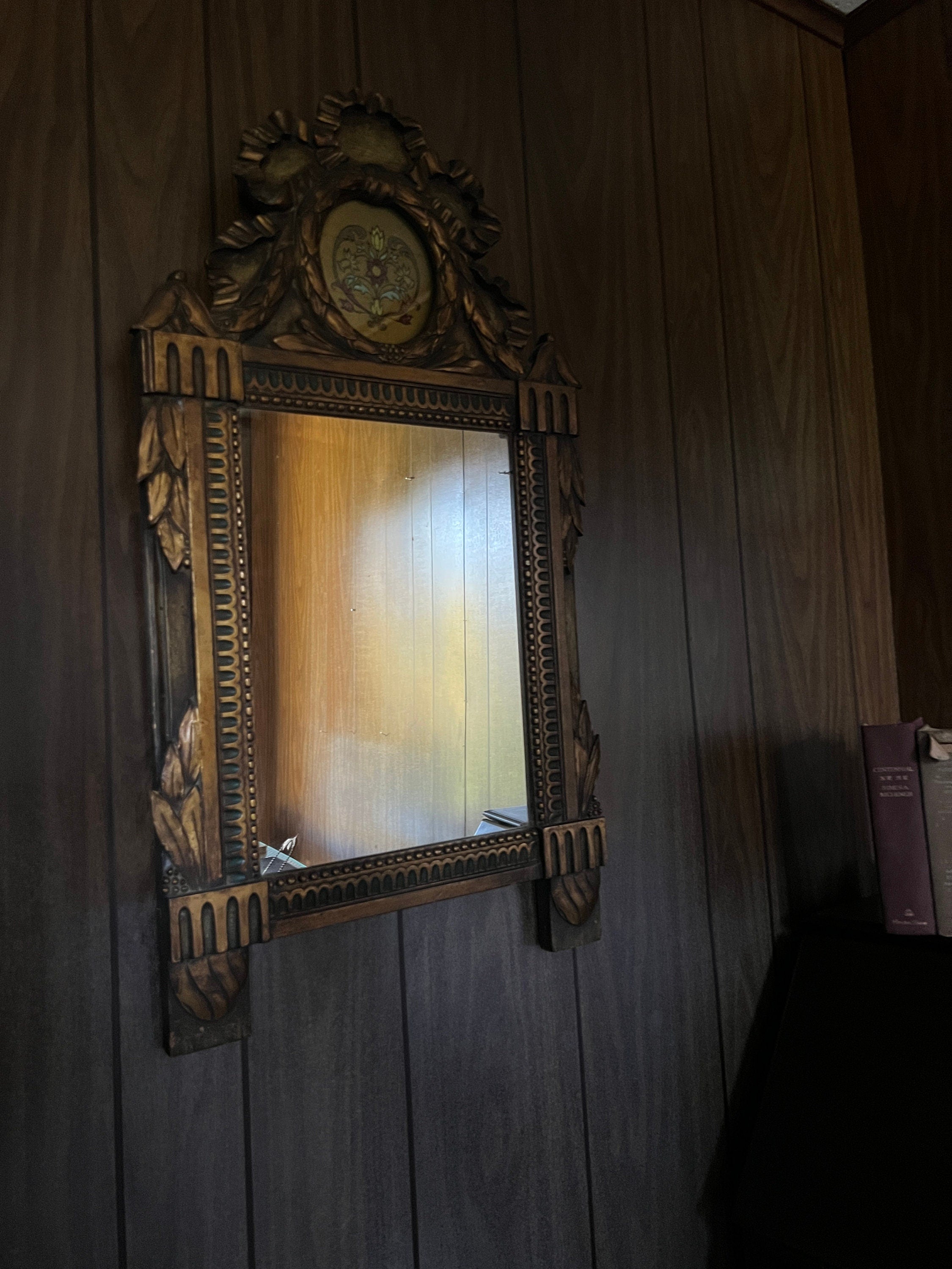 French Style Impressive Antique Gold GiltTrumeau Wood Mirror Hand Carved Floral Reverse Painting Ribbon Crest Frame Tulip Folk Art Style