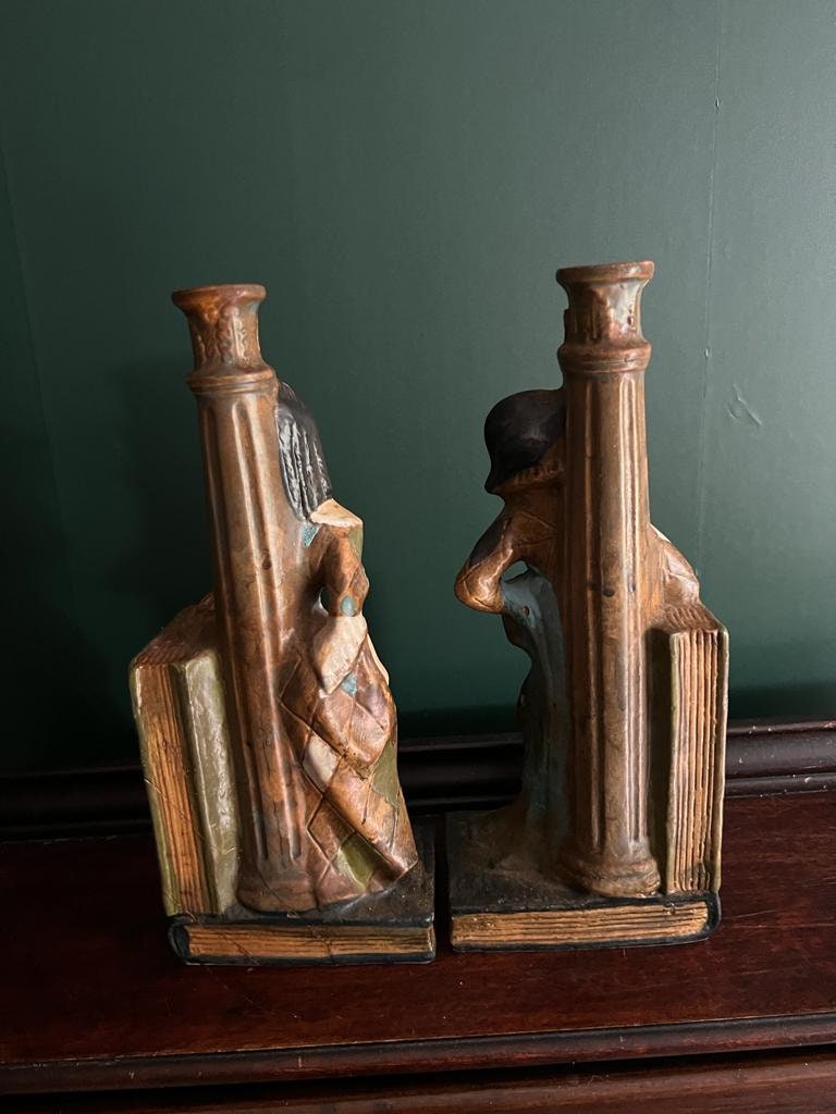 Rare Garnier French Bookend Pair Art Deco Ceramic Characters Candle Holder Unique Colorful Home Decoration Shelf Accent Conversation Piece