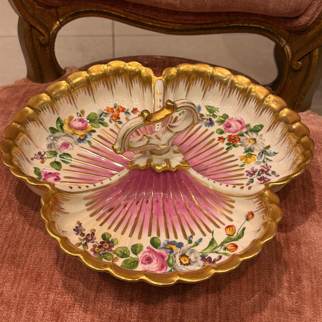 Antique German Hand-Painted Floral Gilt Porcelain Serving Dish, Rococo Candy Bowl