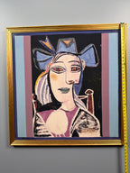 Cubist Silk Artwork Framed Under Glass – Signed Picasso Style Portrait in Gold Frame 36"36"