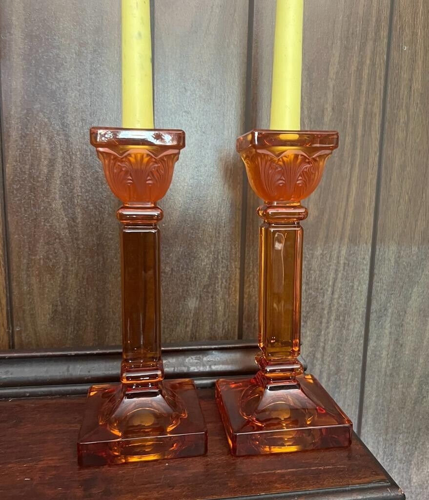 Pair of Vintage Orange Glass Candle Holders Art Deco Column Design Elegant Taper Stand Table Decor Retro Home Accents Collectible Gift Idea