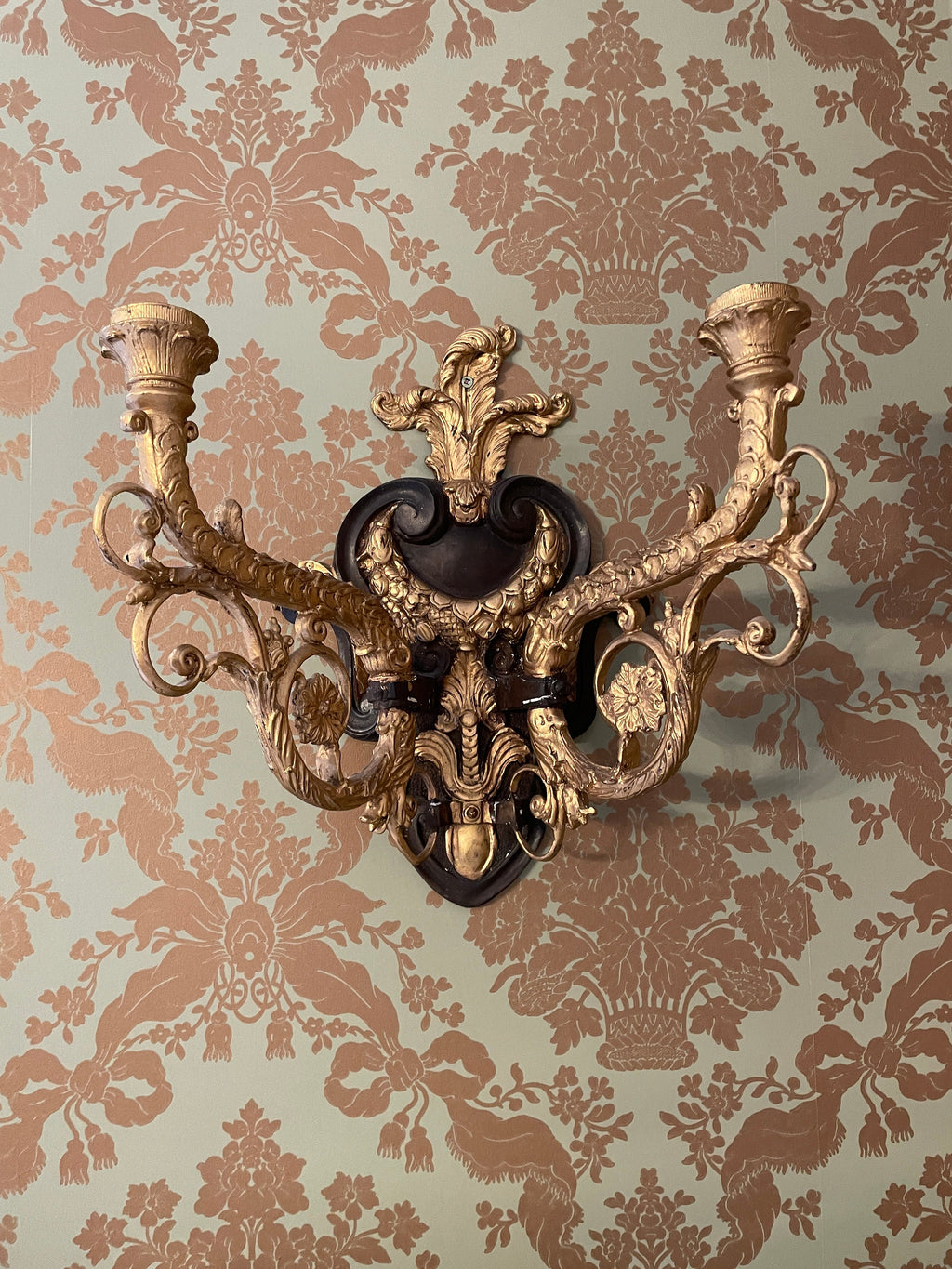 Pair of Vintage Heavy Gold Cast Iron Candlestick  Wall Sconces