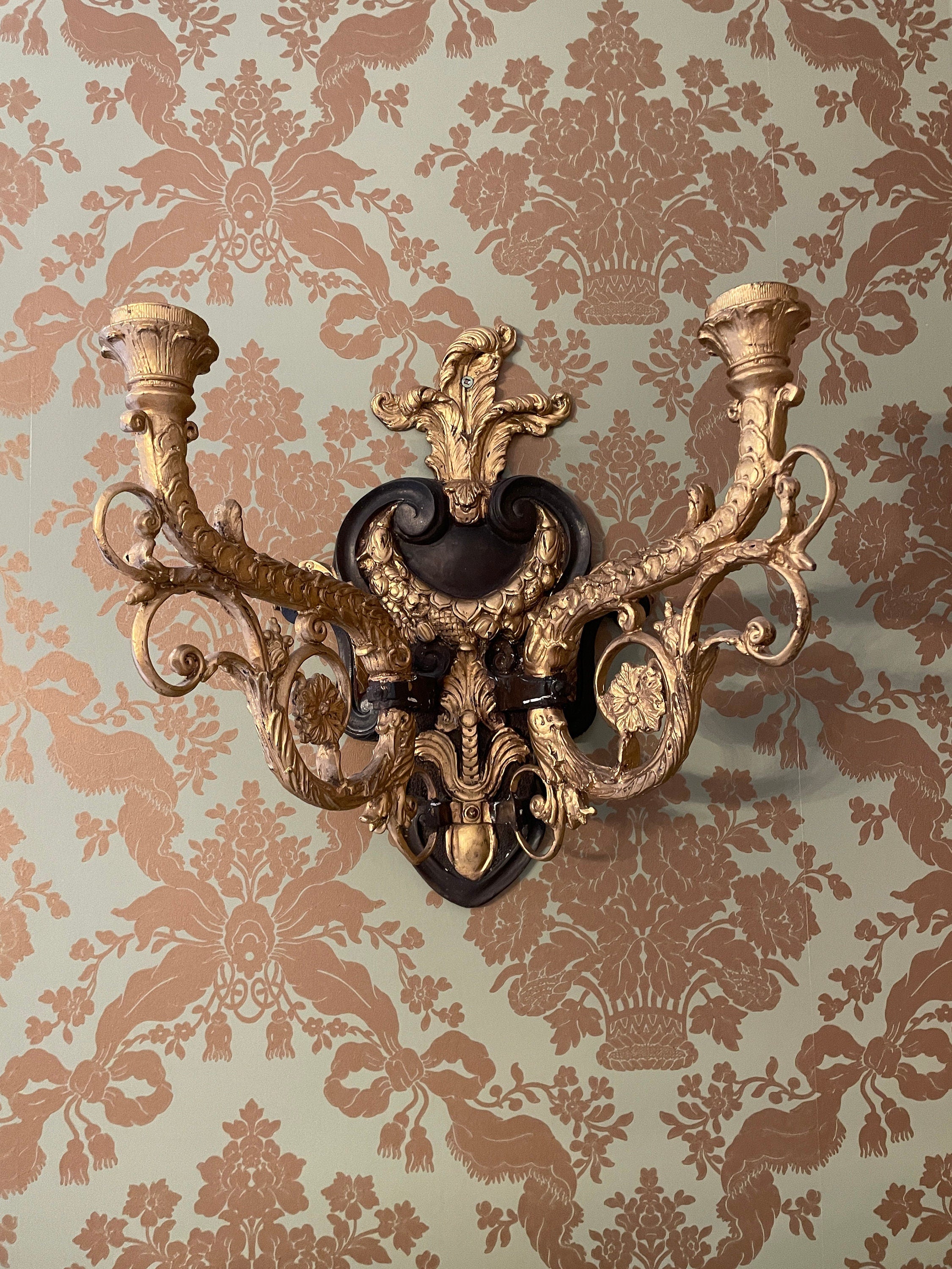 Pair of Vintage Heavy Gold Cast Iron Candlestick  Wall Sconces