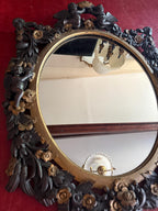 Antique Victorian Oval Mirror Hand-Carved Cherubs & Floral Motifs Dark Wood Gilt Frame Baroque Style  French Home Decoration Wall Mirror