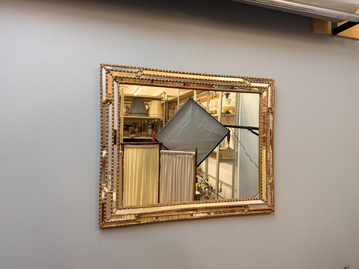 Vintage Venetian Giltwood Mirrored Wall Mirror, Gold Leaf Red Patina, Decorative Beveled Mirror Frame