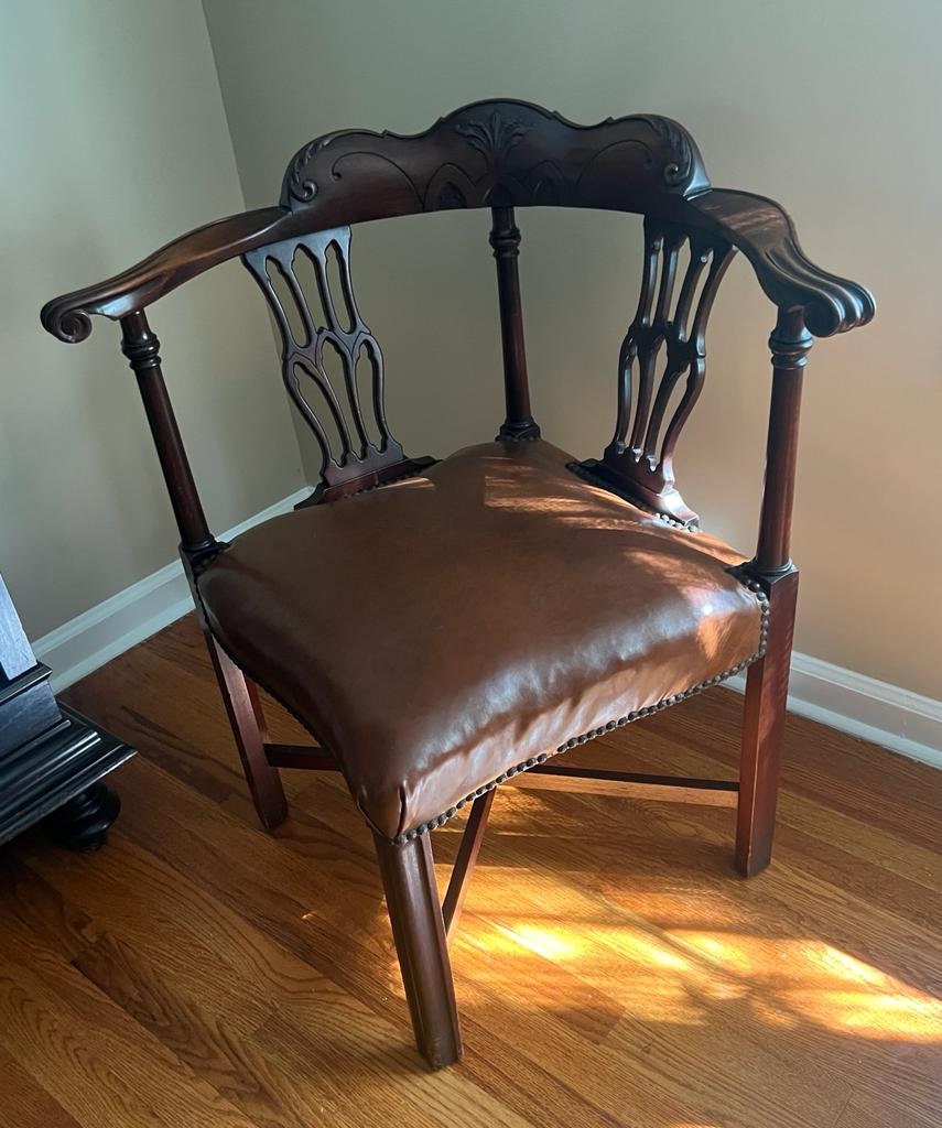 Vintage Corner Chair Mahogany Frame Brown Leather Seat Carved Back Elegant Accent Seating Classic Design Timeless Antique Home Decor Piece