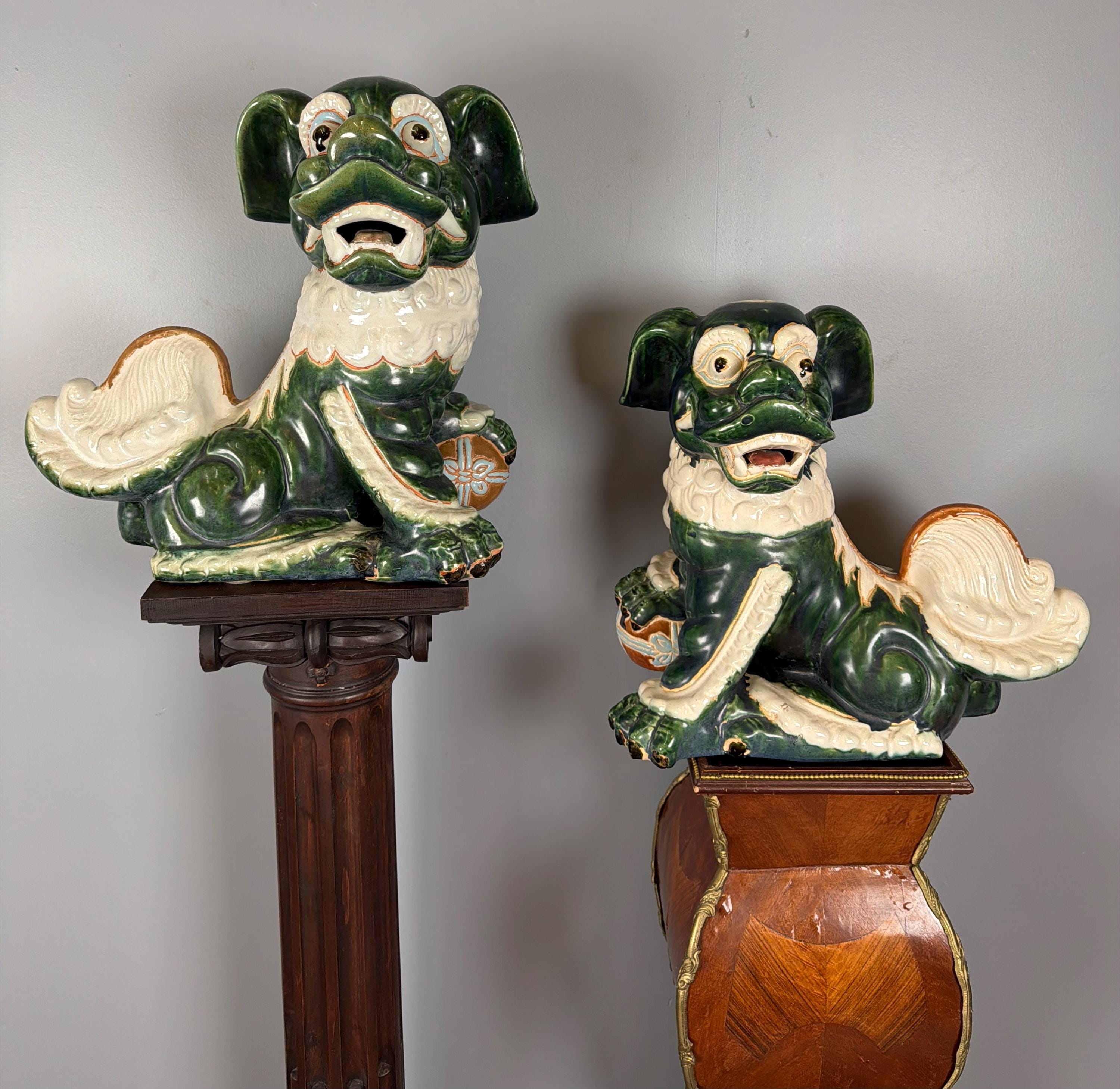 Vintage Green Glazed Foo Dog Pair, 16" Chinese Guardian Lions, Hollywood Regency Chinoiserie Statues