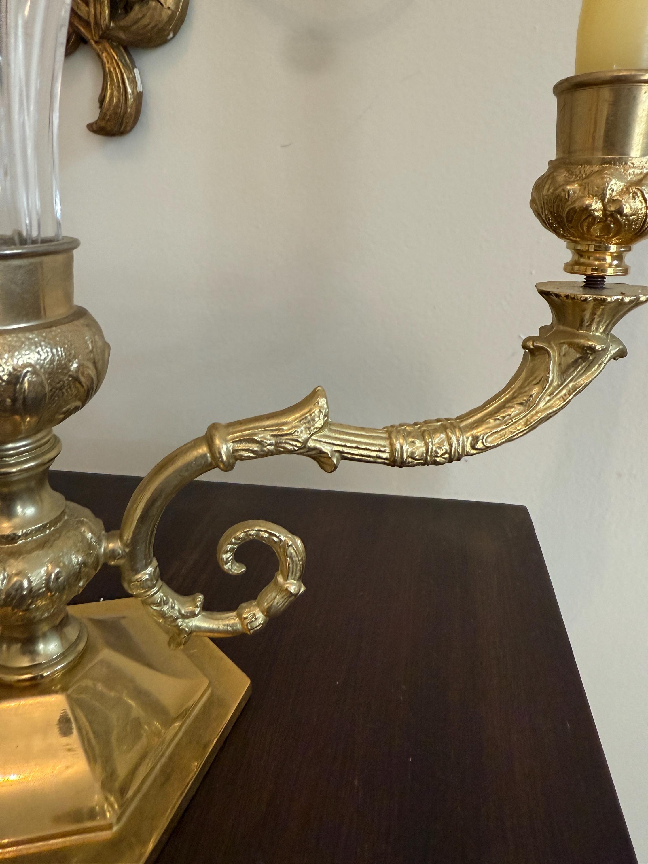 Vintage Brass French Style Two Arm Candelabra Centerpiece with Cut Glass Vase and Dual Candle Holders, Candlestick Home Decoration