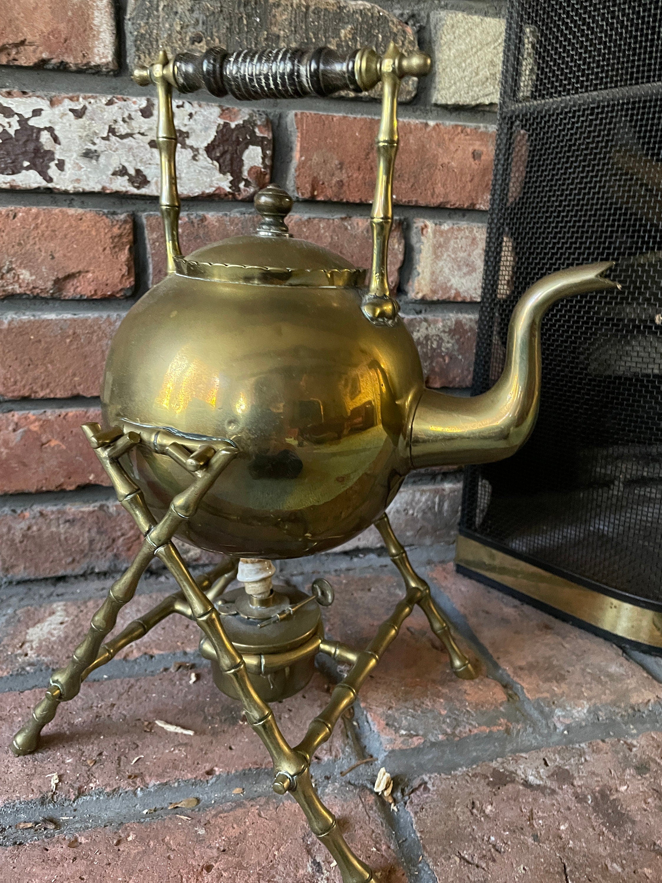 Vintage Brass Kettle On Bamboo Style Stand Unique Burner Teapot With Wooden Handle Mid Century Chafing Dish Decorative Display Piece Antique