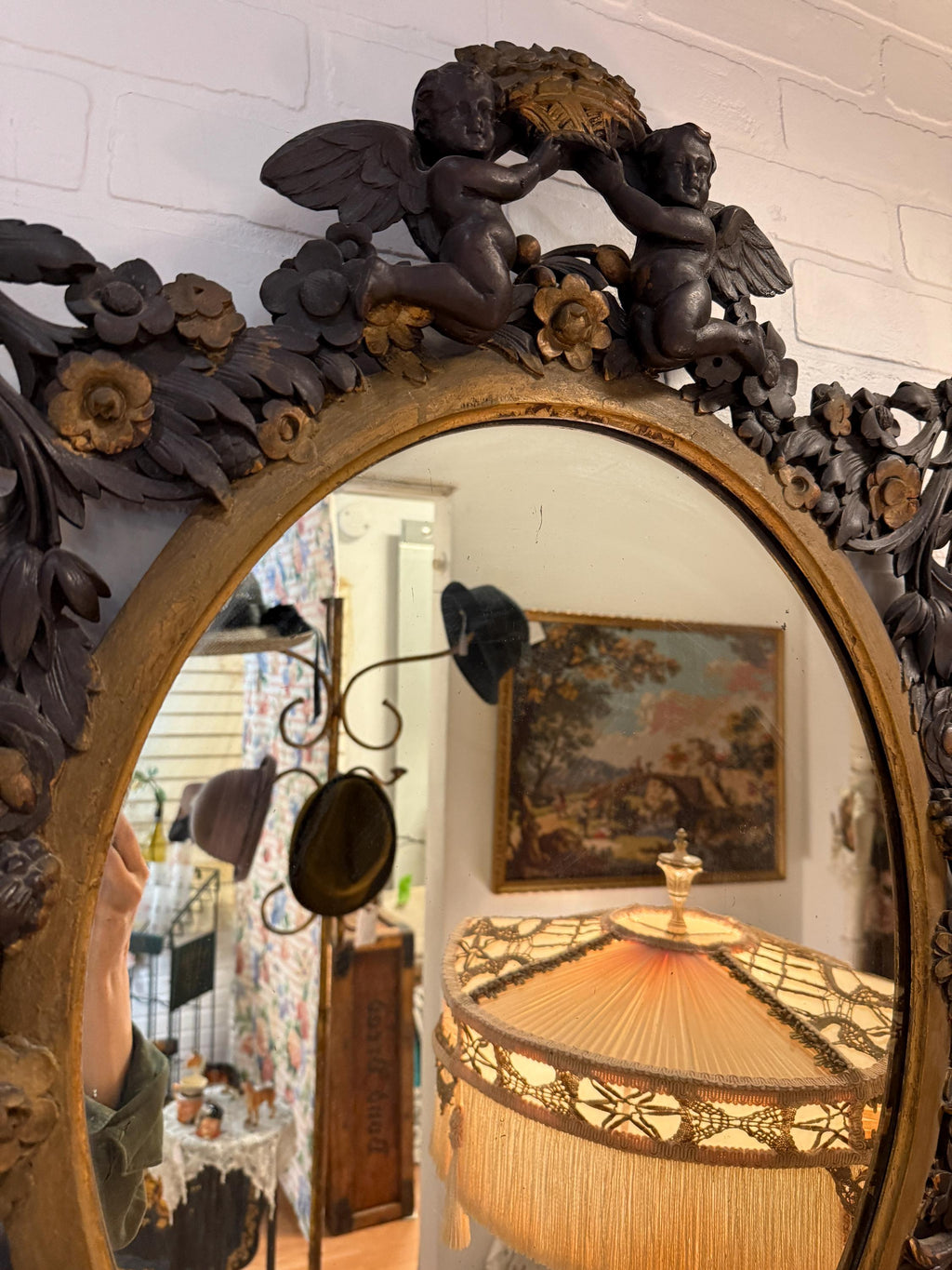 Antique Victorian Oval Mirror Hand-Carved Cherubs & Floral Motifs Dark Wood Gilt Frame Baroque Style  French Home Decoration Wall Mirror