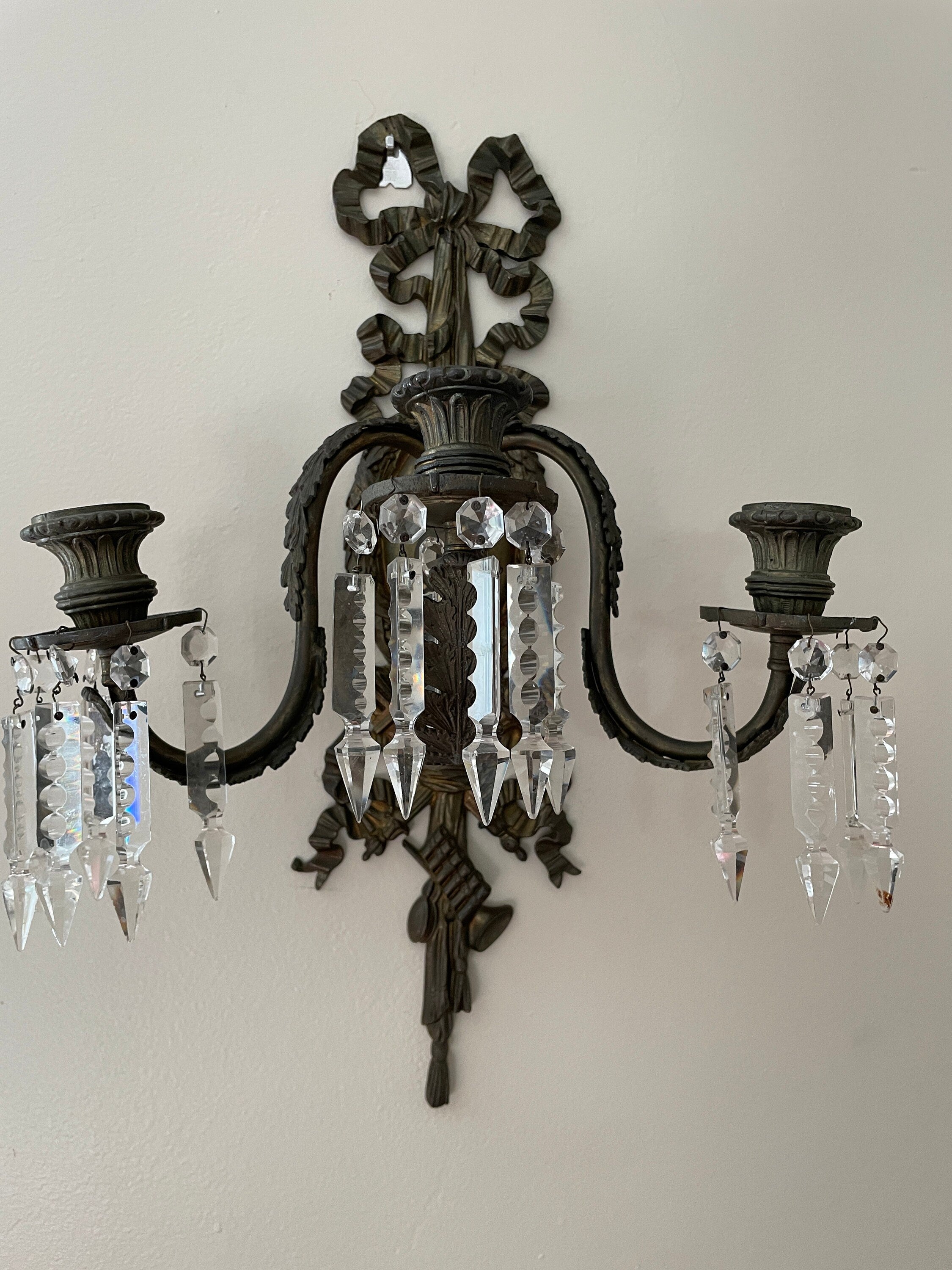 Pair of Antique 19th Century French Bronze Cut Crystal Prism 3 Arm Candlestick Wall Sconces Candelabra