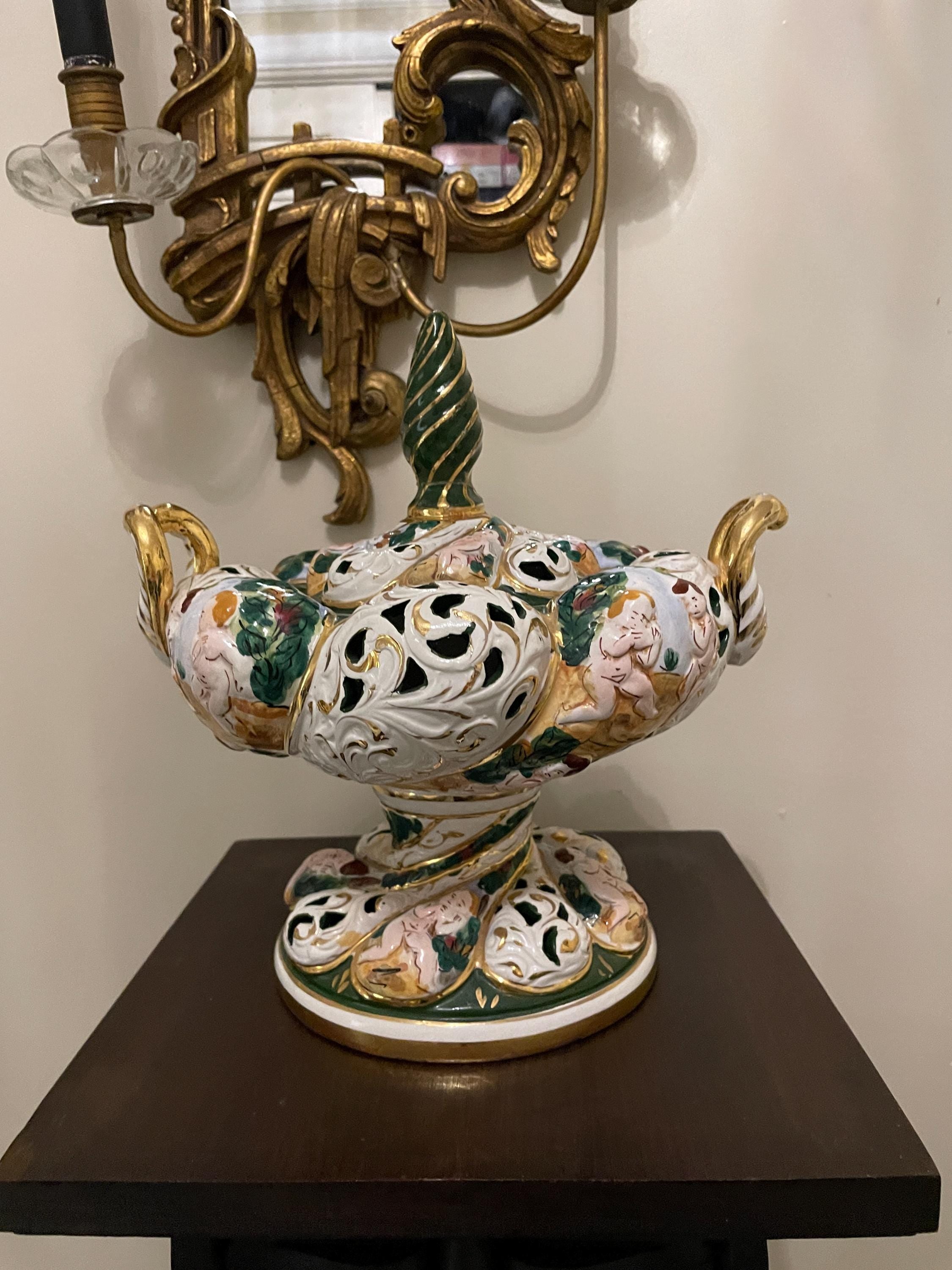 Vintage Italian Handcrafted Ceramic Sugar Bowl Ornate Baroque Design Cherub Motifs Gold Accents Floral Details Collectible Home Decor