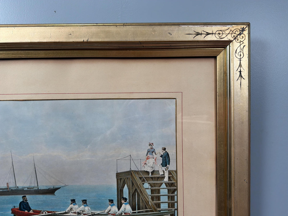 Romantic 19th Century French Maritime Scene Hand-Colored Lithograph After Jan van Beers, 1881, Vintage Frame Art