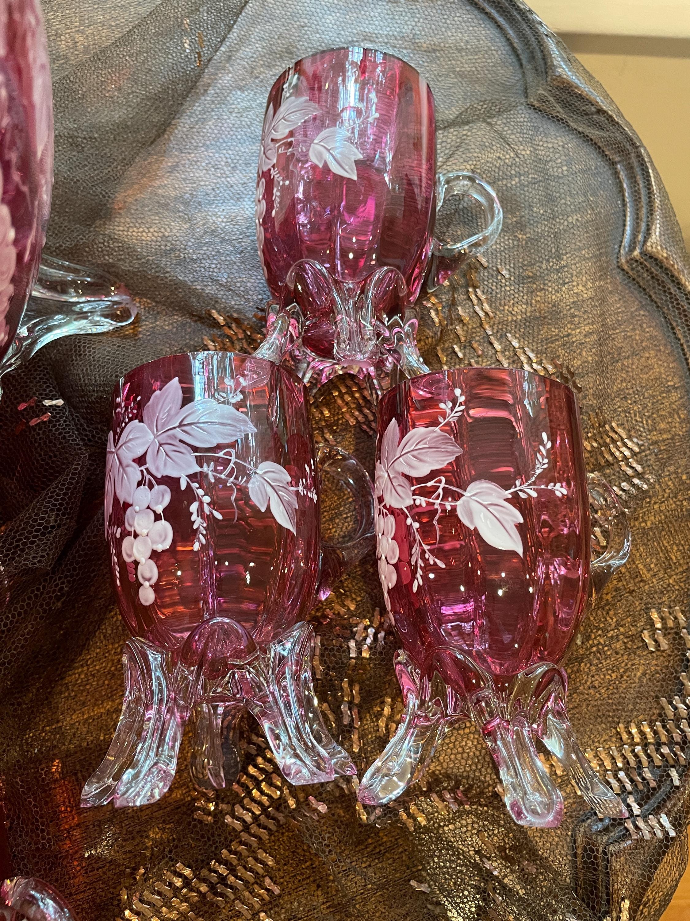 Vintage Ruby Red Glass Punch Bowl Set Etched Grape Leaf Crystal Mugs Footed Cups Mid Century Barware Holiday Party Table Decoration Elegant