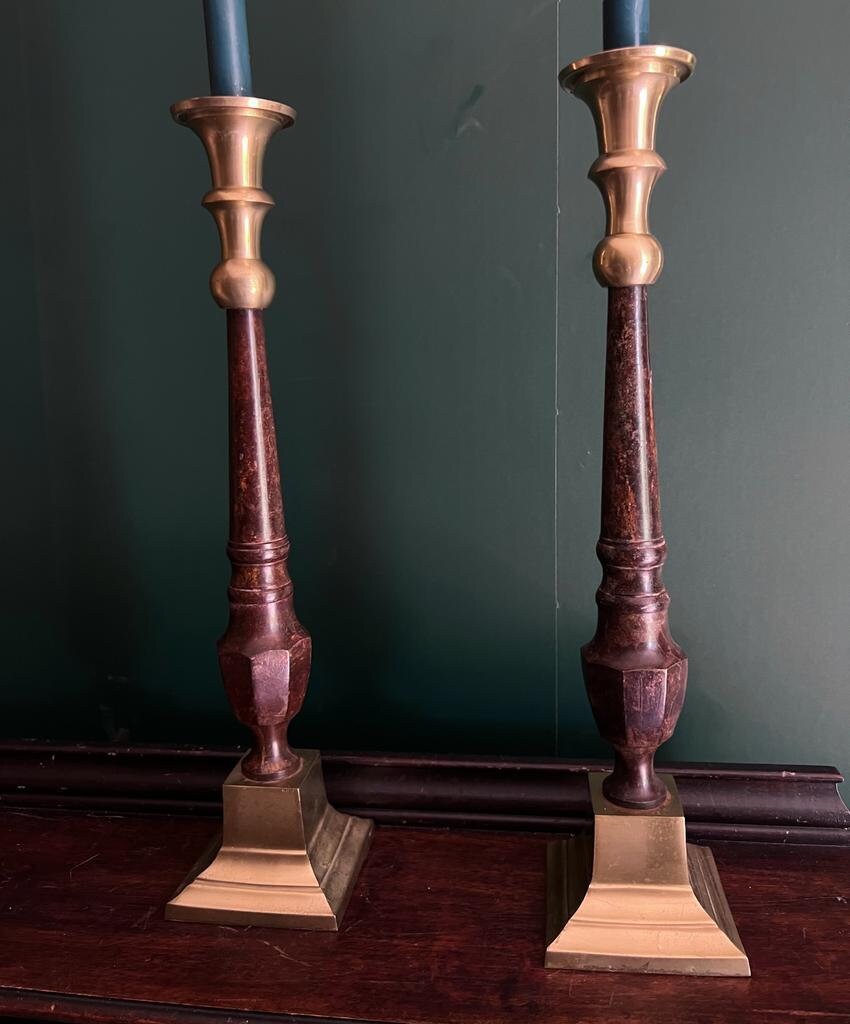 Vintage Tall Brass Wood Candlesticks Pair Colonial Style Taper Holders Elegant Antique Mantel Decor Statement Dining Table Accent Classic