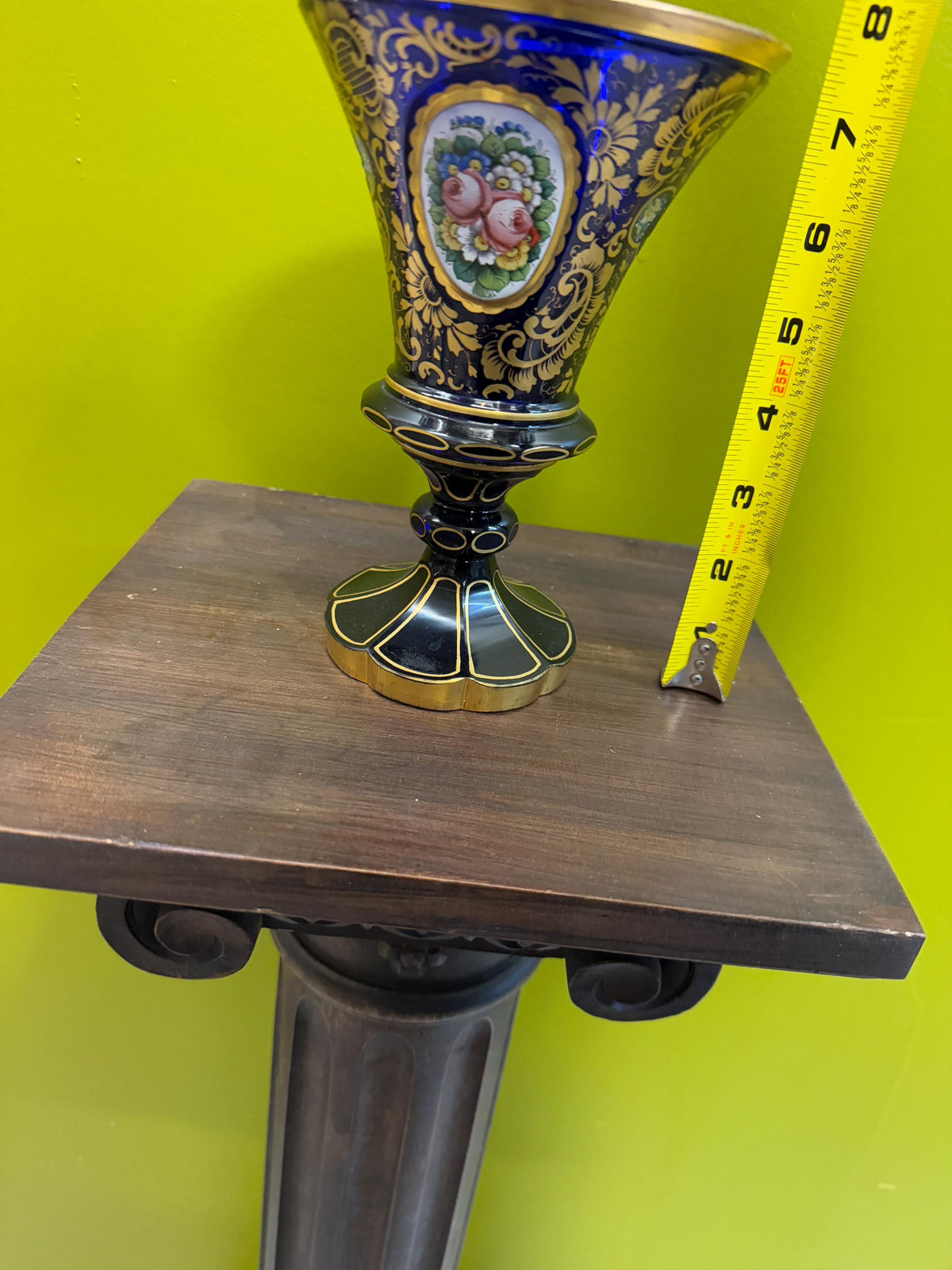 Antique Bohemian Enamel Gilded Art Glass Cobalt Blue Hand Painted Vase Goblet  Floral Medallions Moser Style Decorative