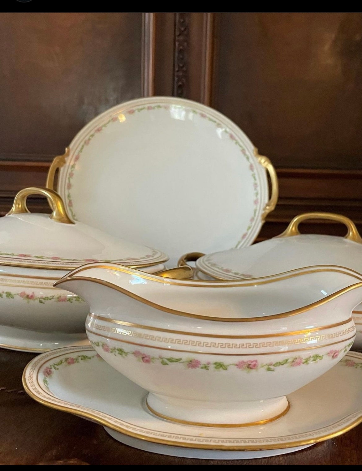 Limoges Old Abbey Porcelain Pink Floral Dinner Set Limoges Dinner Rim Plate Bowl Limoges Serving Dishes Gravy Tray Made in France 62 Pieces