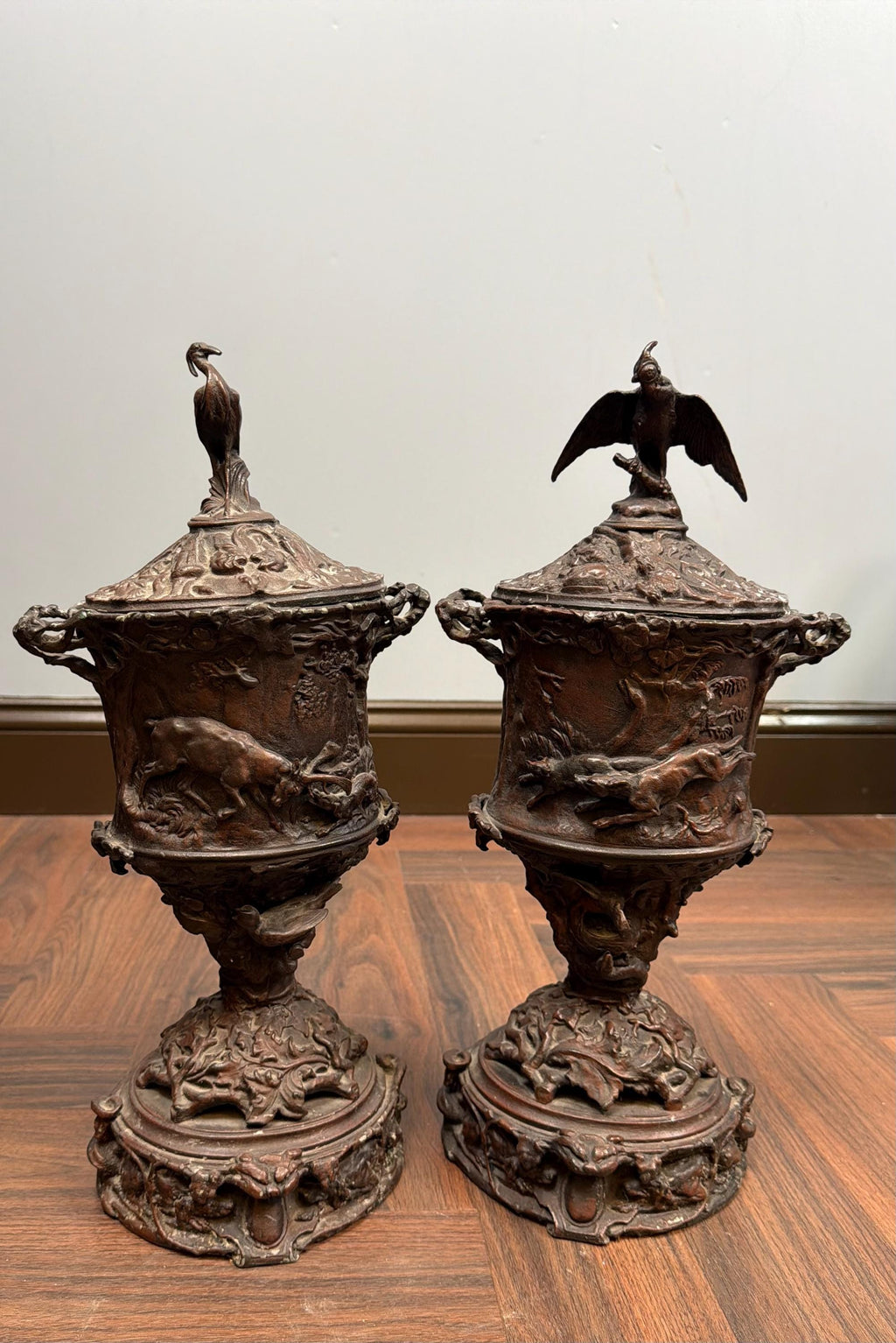 Antique Bronze Hunting Scene Urns Pair: Stag, Hound, Mixed Bird Finials