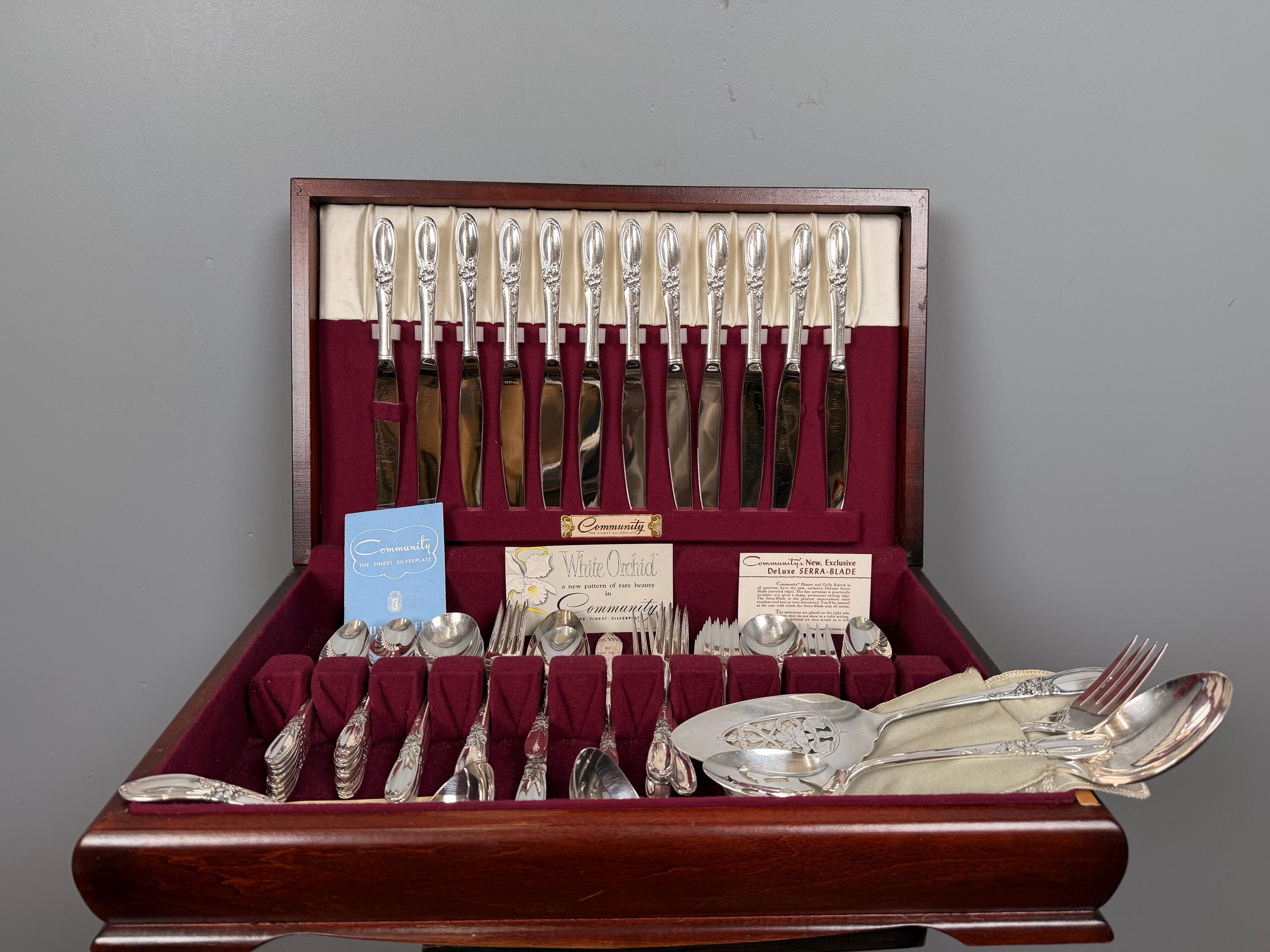 Vintage Community Plate White Orchid Silverplate Flatware Set in Original Wood Chest 76 Piece Floral Service
