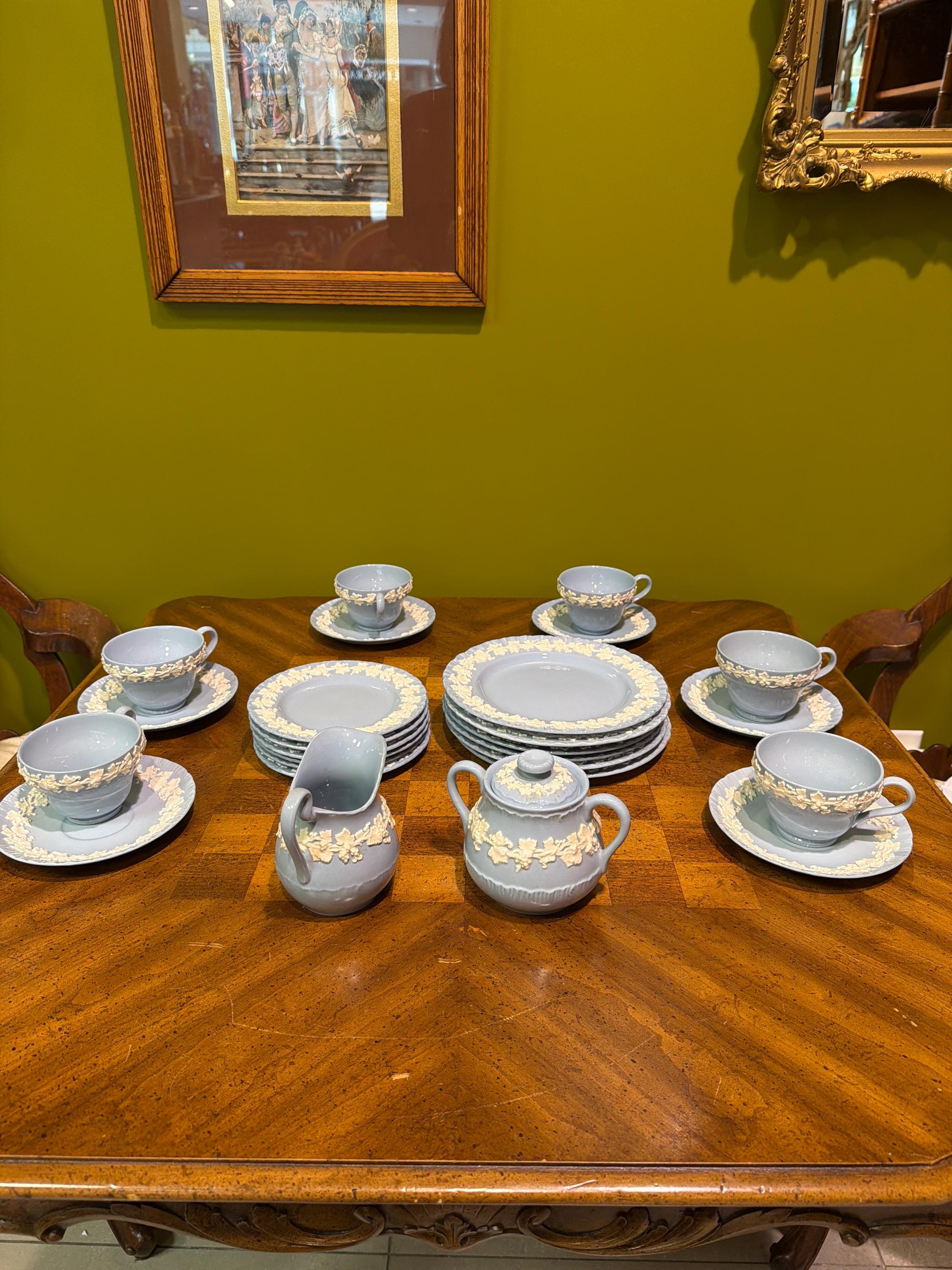 Wedgwood Queen’s Ware Blue Embossed Lunch/Tea Set, Of Etruria Barlaston England