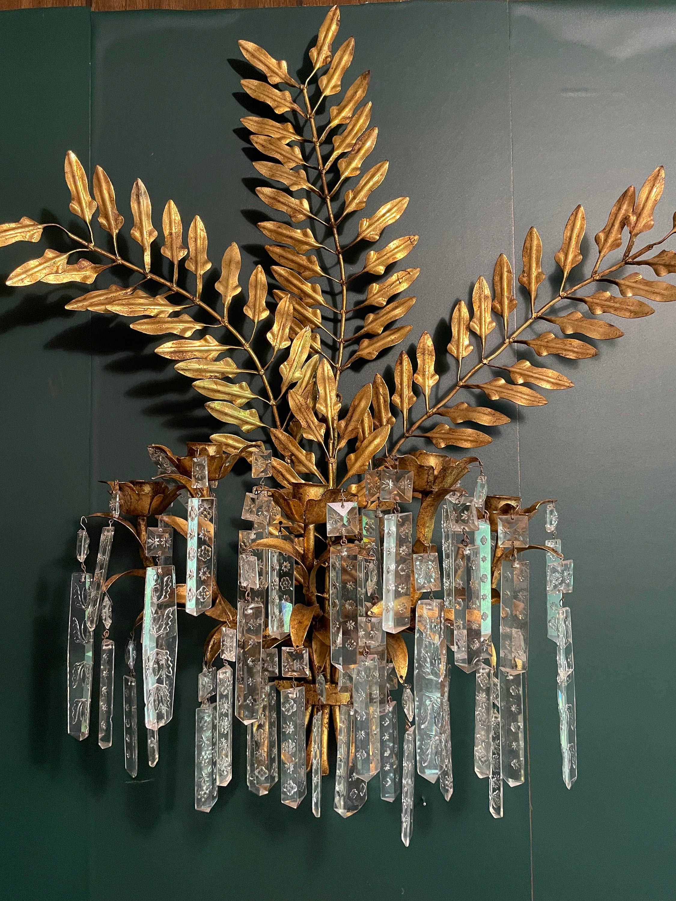 Vintage Tole Wall Sconce Gold Leaf Design Crystal Prism Drops Italian Hollywood Regency Candle Holder Glamorous Hanging Decoration Piece