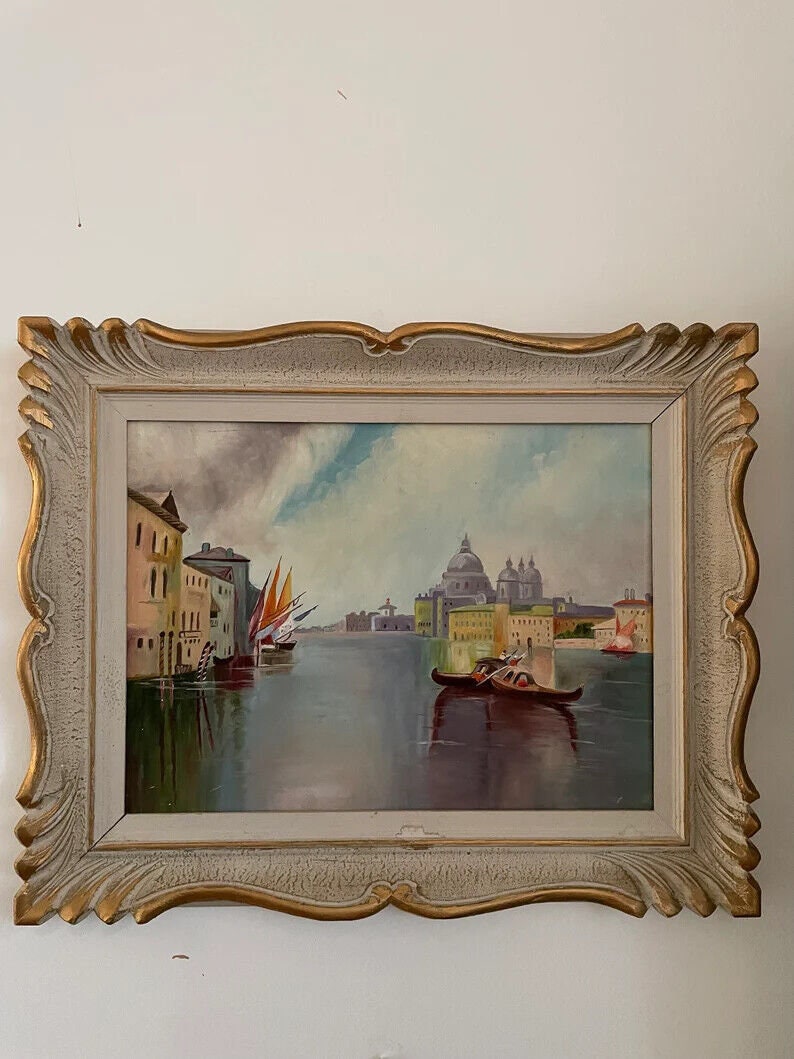 Vintage Gondola Venice Painting Ornate Frame Wall Art European Canal Scene Handmade Oil Artwork Classical Home Decoration Unique Piece