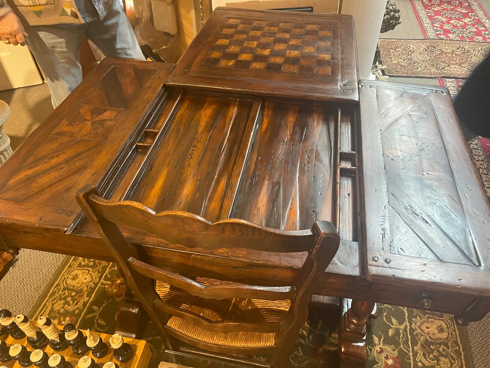Antique Handcarved Walnut Chess Table Backgammon Game Table by Theodore Alexander Vienna Coffeehouse Style Wood Pieces Luxurious  Furniture