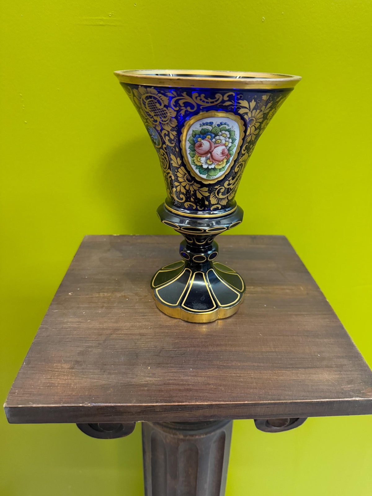 Antique Bohemian Enamel Gilded Art Glass Cobalt Blue Hand Painted Vase Goblet  Floral Medallions Moser Style Decorative