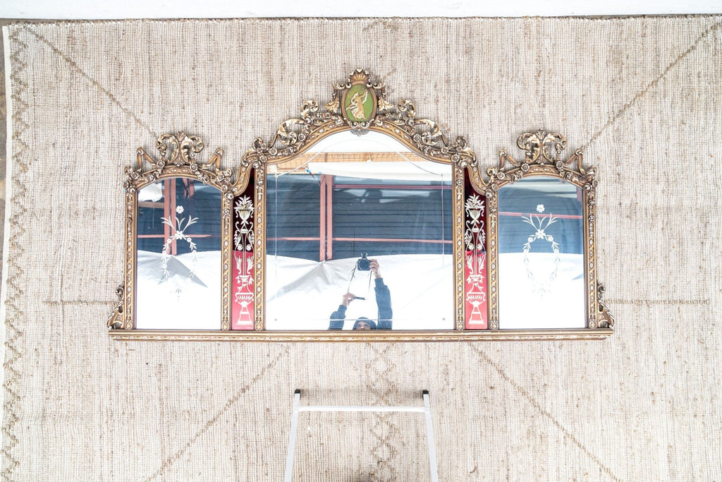 Antique Trifold Mirror Gilt Carved Frame Etched Glass Victorian Neoclassical Mirror Red Panel Impressive Etched 3 Part Large Mirror C 1840