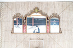 Antique Trifold Mirror Gilt Carved Frame Etched Glass Victorian Neoclassical Mirror Red Panel Impressive Etched 3 Part Large Mirror C 1840