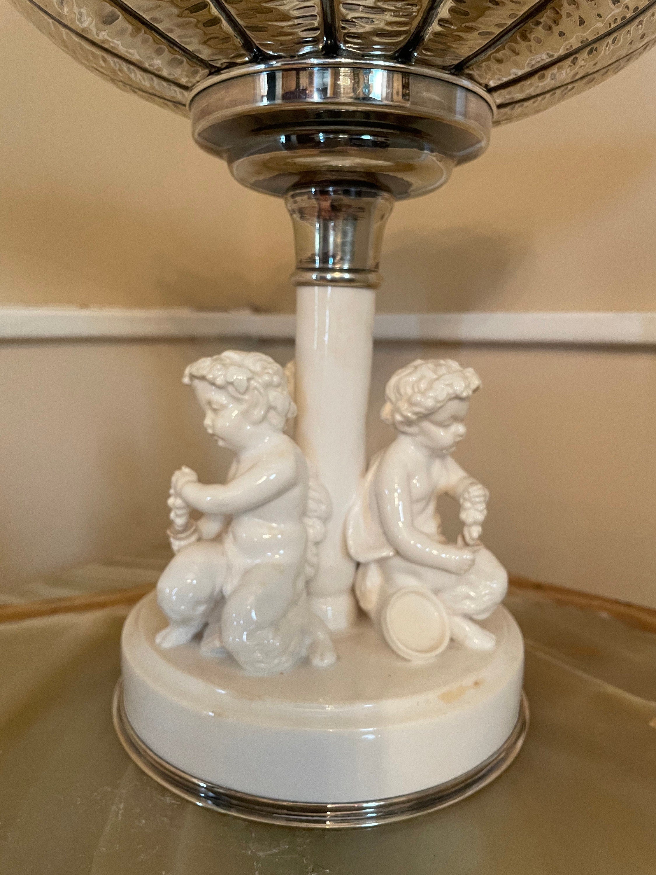 Vintage Decorative Compote Cherub Base Ornate Pedestal Bowl Hammered Metal Top Baroque Style Fruit Dish Romantic Rococo Accent Piece