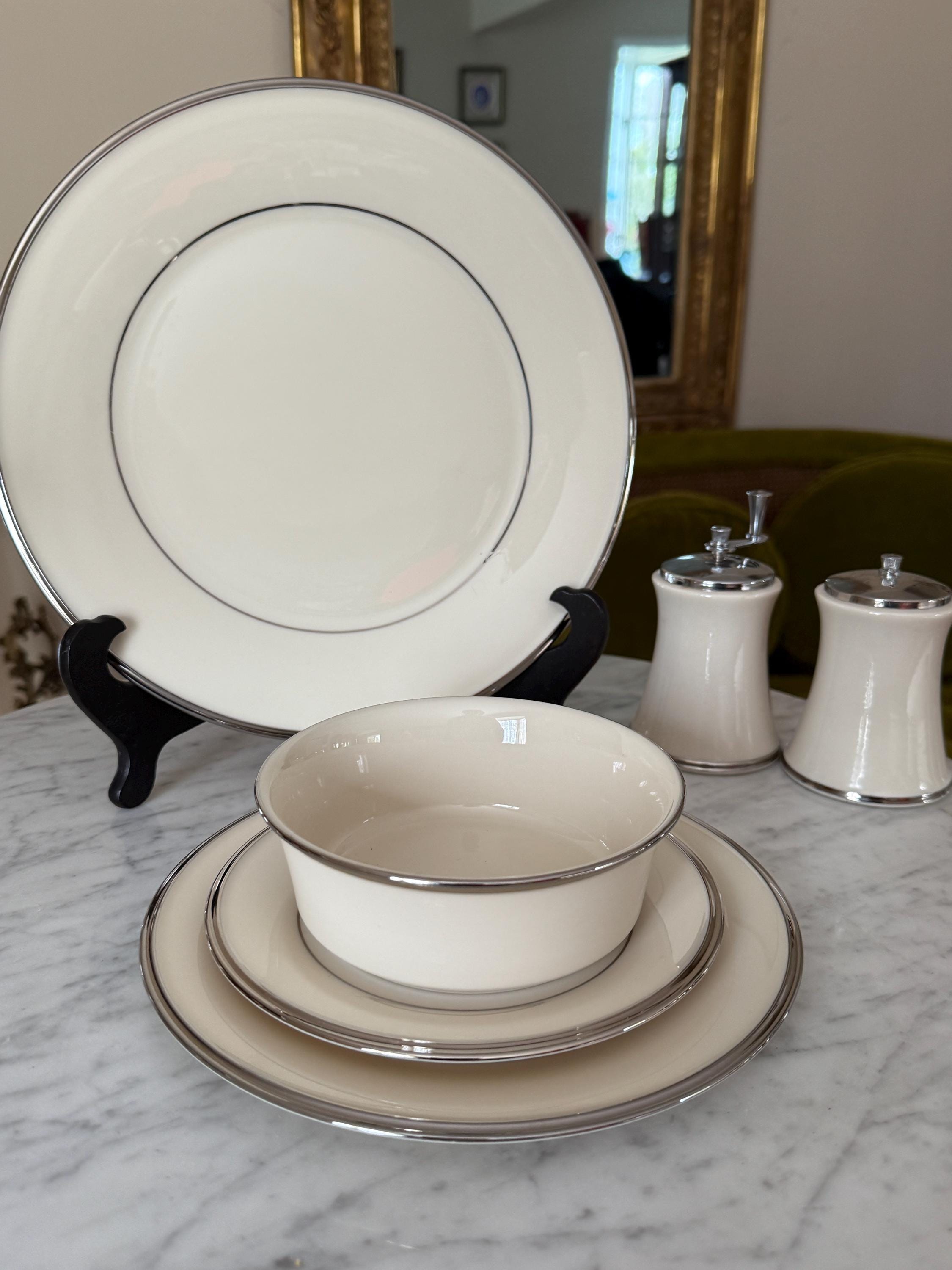 Set of 6 Lenox Solitaire Ivory Bone China Dinnerware Platinum Trim Elegant Dinnerware Set Salad Plates Dinner Plates Salt & Pepper Shakers