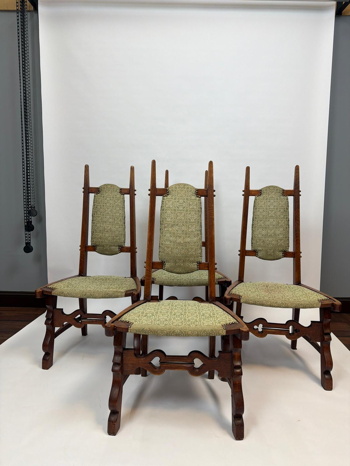 Set of 4 Antique Oak Gothic Revival Dining Chairs: Jacobean Style, French Provincial