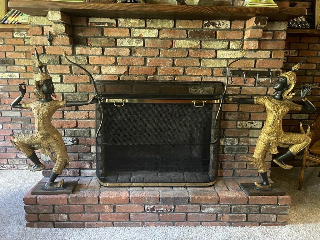 Thai Bronze Archer Dancer Statues Pair Large Gilt Temple Sculpture Guardian Figures Vintage Asian Decor  Art Statement Luxurious Home Accent
