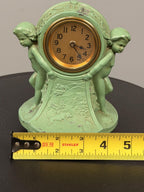 Antique Figural Cherub Mantel Clock Made in the USA, Green Painted Metal Table Clock